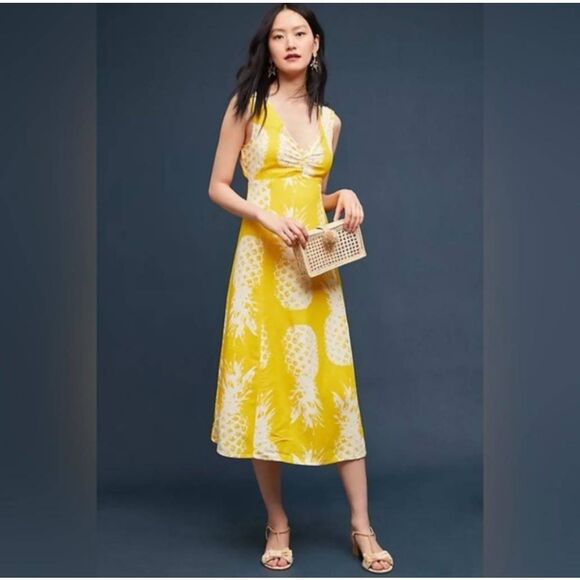 Anthropologie‎ Maeve Yellow White Pineapple Midi Dress Sz 6 Rayon Linen Vacation - Picture 1 of 11